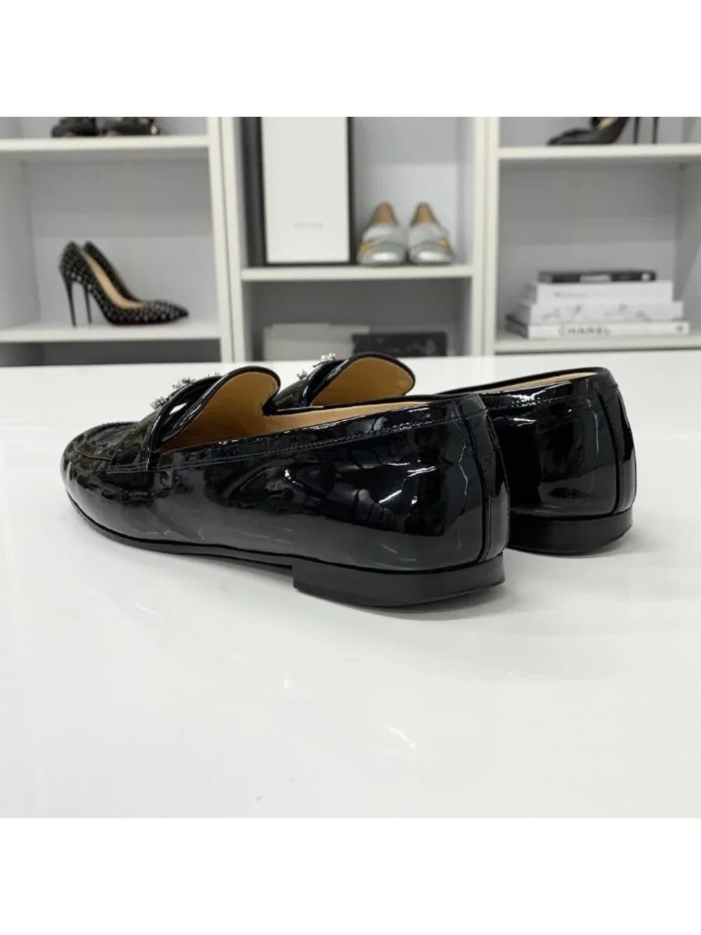 Chanel CC Logo Patent Rhinestone Pearl Loafers Black